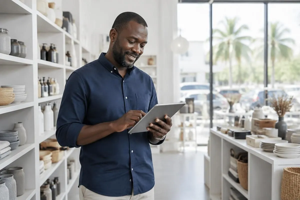Un gérant sénégalais utilise une tablette dans sa boutique moderne