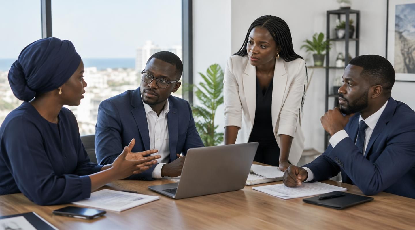 Une équipe de professionnels ouest-africains échange autour d'un ordinateur portable