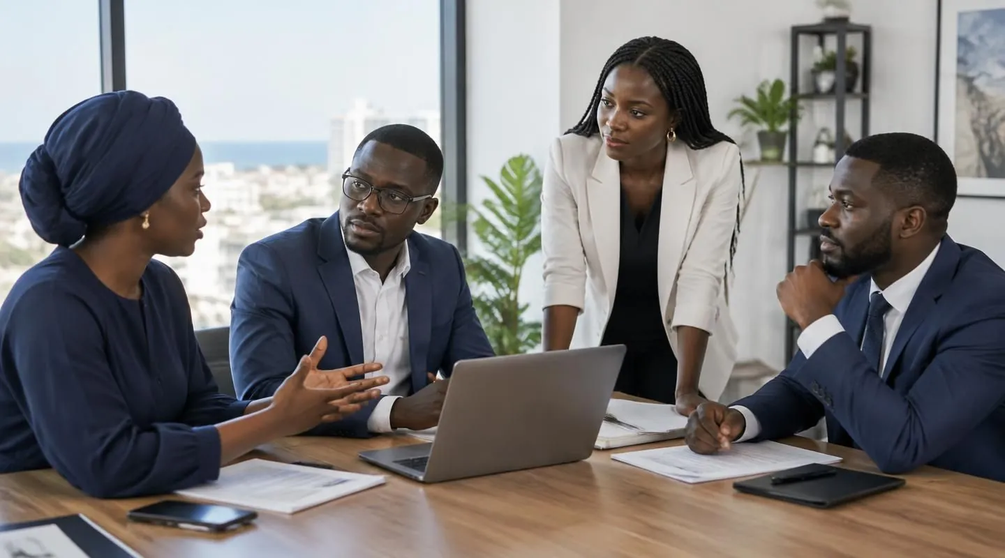 Une équipe de professionnels ouest-africains échange autour d'un ordinateur portable